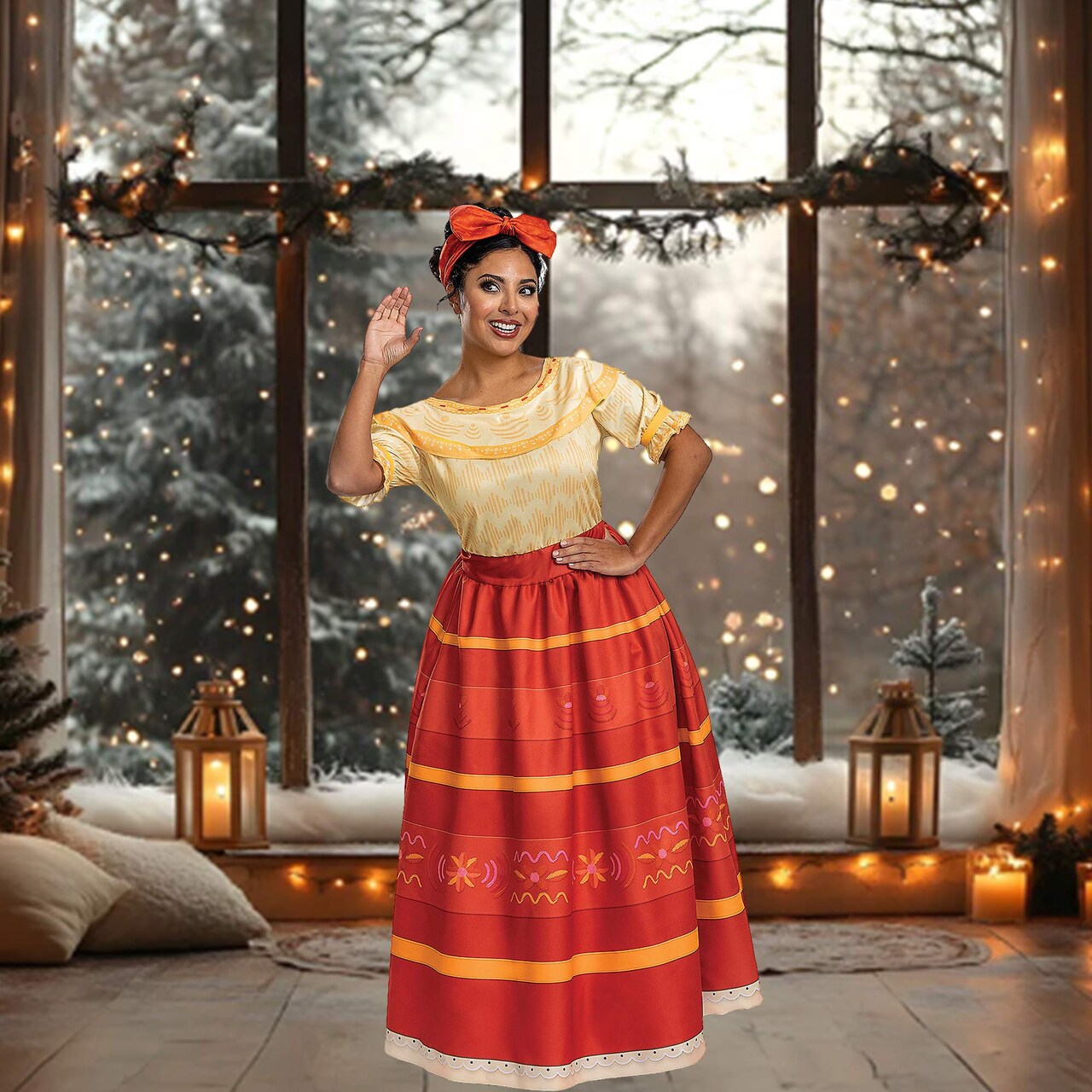Women’s Deluxe Dolores Madrigal Costume Ankle Length Dress Bow Headpiece